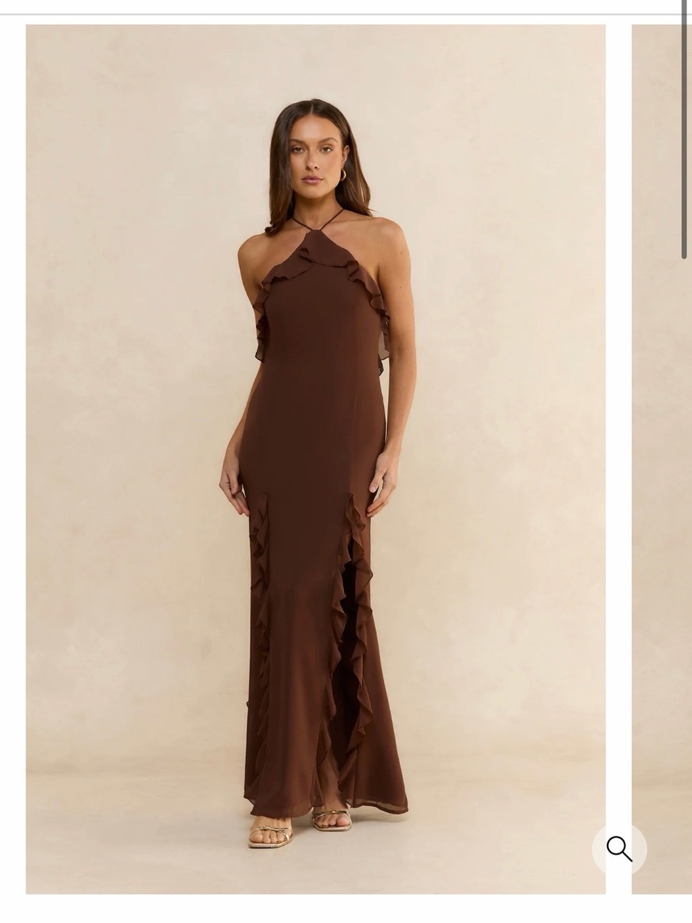 Brown Halter Ruffle-Trim Maxi Dress